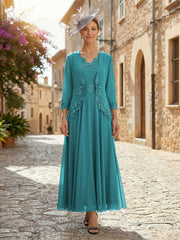 2-Piece A-Line Chiffon 3/4 Sleeves Mother of the Bride & Groom Dresses with Scalloped V-Neck Lace Bodice