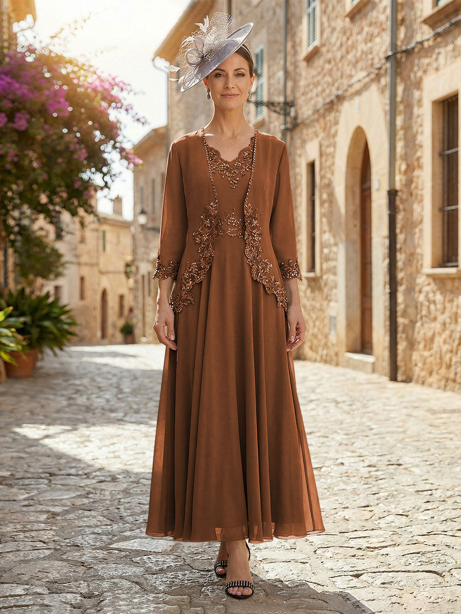 2-Piece A-Line Chiffon 3/4 Sleeves Mother of the Bride & Groom Dresses with Scalloped V-Neck Lace Bodice
