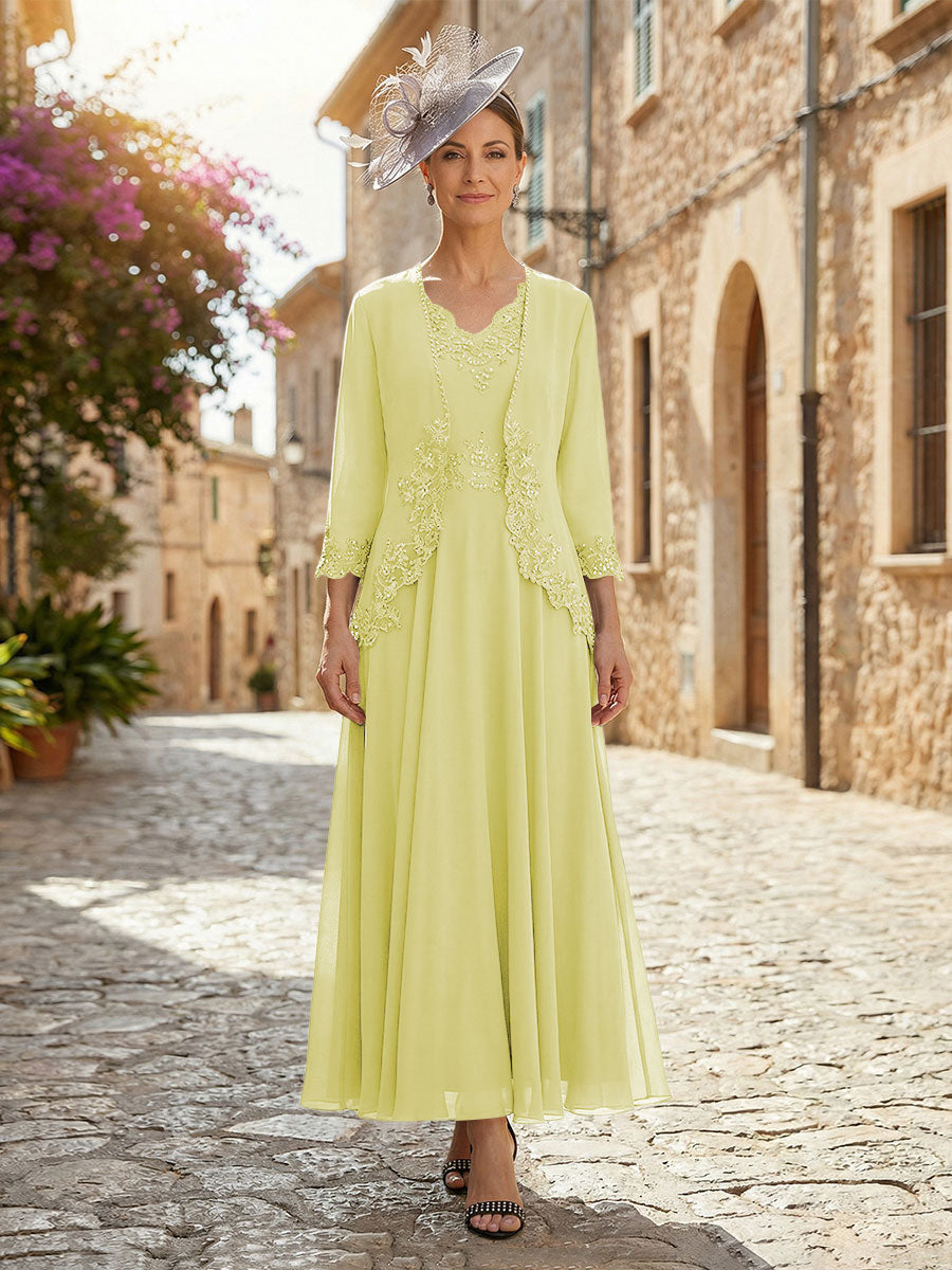 2-Piece A-Line Chiffon 3/4 Sleeves Mother of the Bride & Groom Dresses with Scalloped V-Neck Lace Bodice