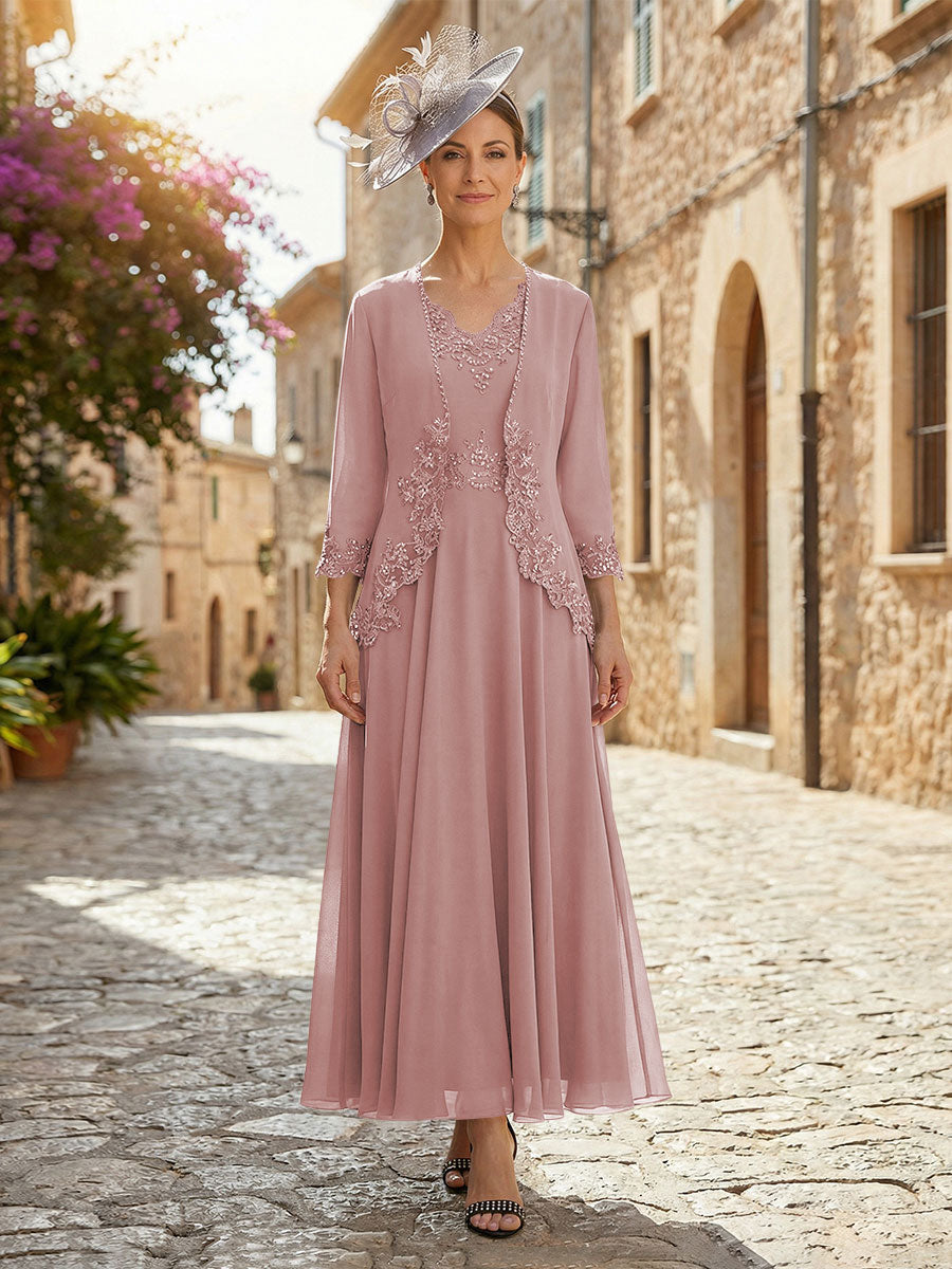 2-Piece A-Line Chiffon 3/4 Sleeves Mother of the Bride & Groom Dresses with Scalloped V-Neck Lace Bodice