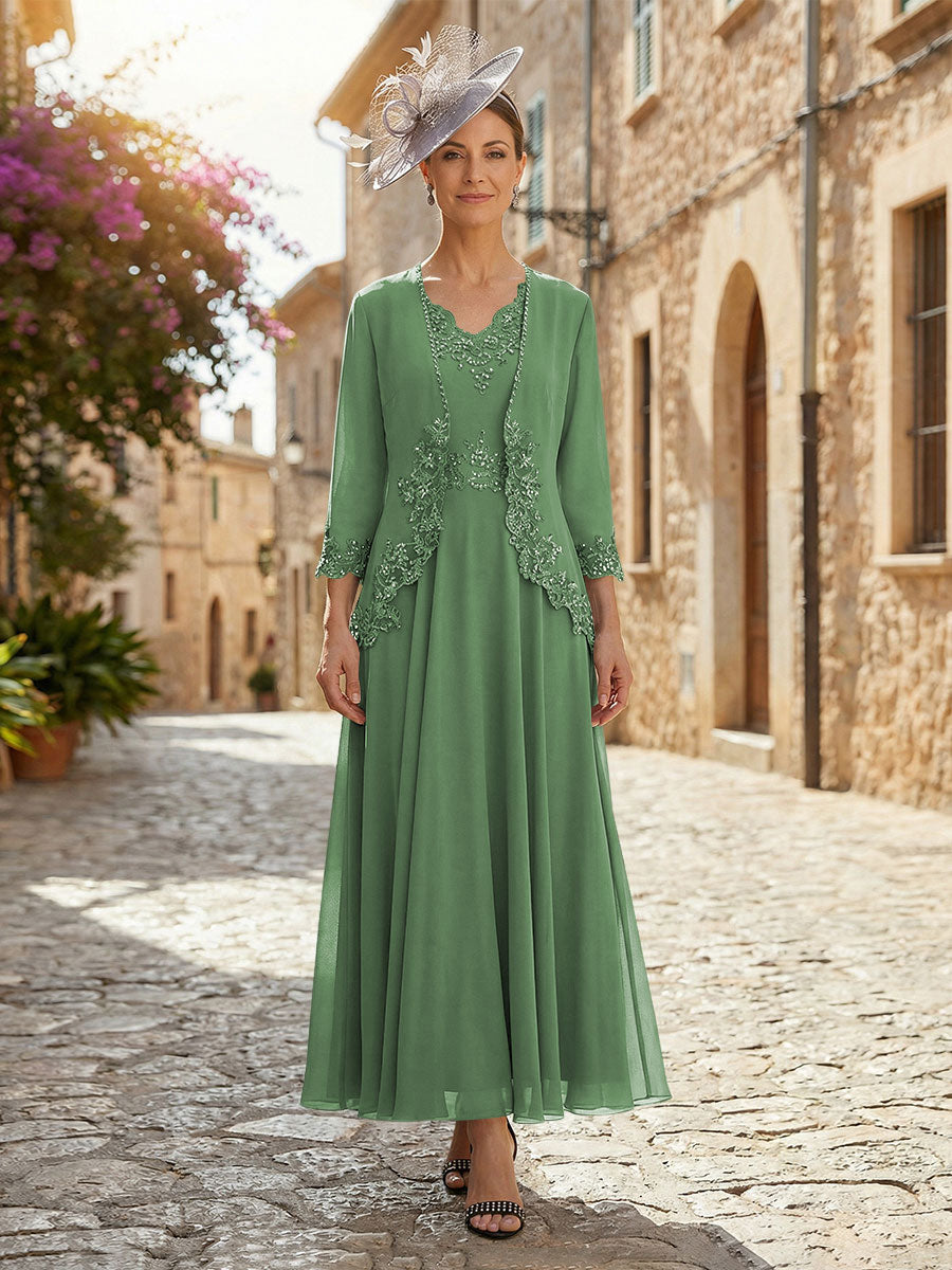 2-Piece A-Line Chiffon 3/4 Sleeves Mother of the Bride & Groom Dresses with Scalloped V-Neck Lace Bodice