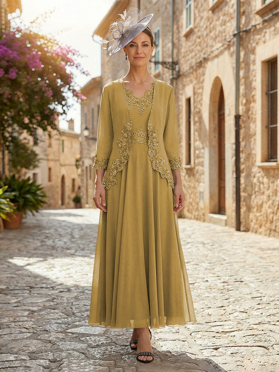 2-Piece A-Line Chiffon 3/4 Sleeves Mother of the Bride & Groom Dresses with Scalloped V-Neck Lace Bodice