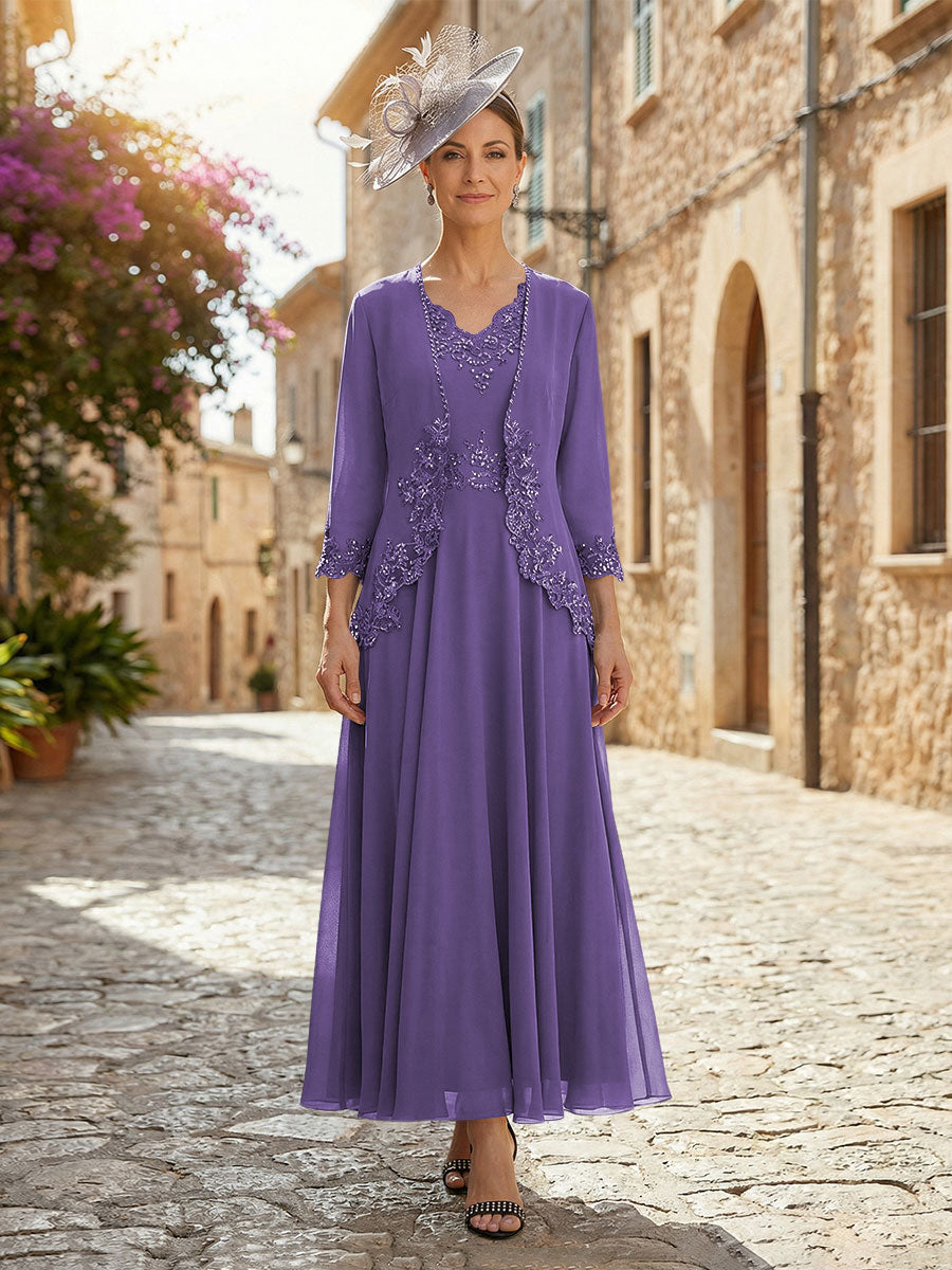 2-Piece A-Line Chiffon 3/4 Sleeves Mother of the Bride & Groom Dresses with Scalloped V-Neck Lace Bodice