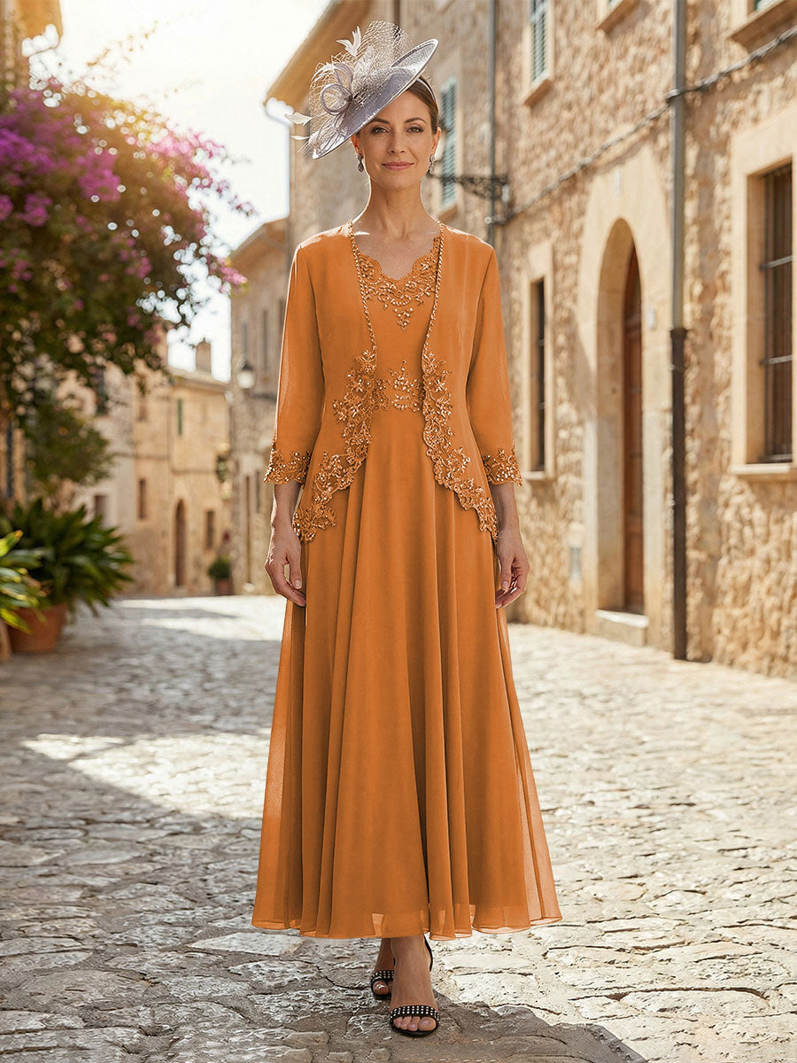 2-Piece A-Line Chiffon 3/4 Sleeves Mother of the Bride & Groom Dresses with Scalloped V-Neck Lace Bodice