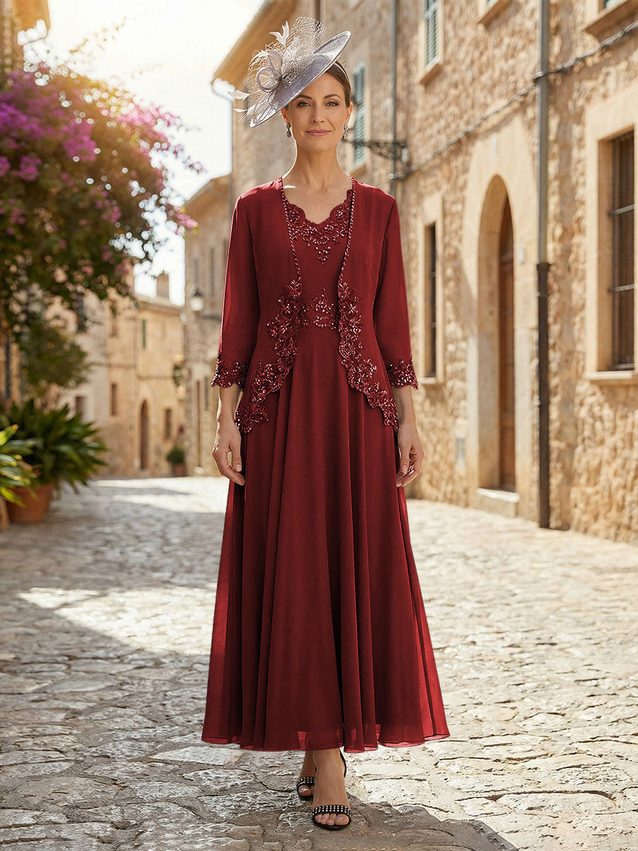 2-Piece A-Line Chiffon 3/4 Sleeves Mother of the Bride & Groom Dresses with Scalloped V-Neck Lace Bodice