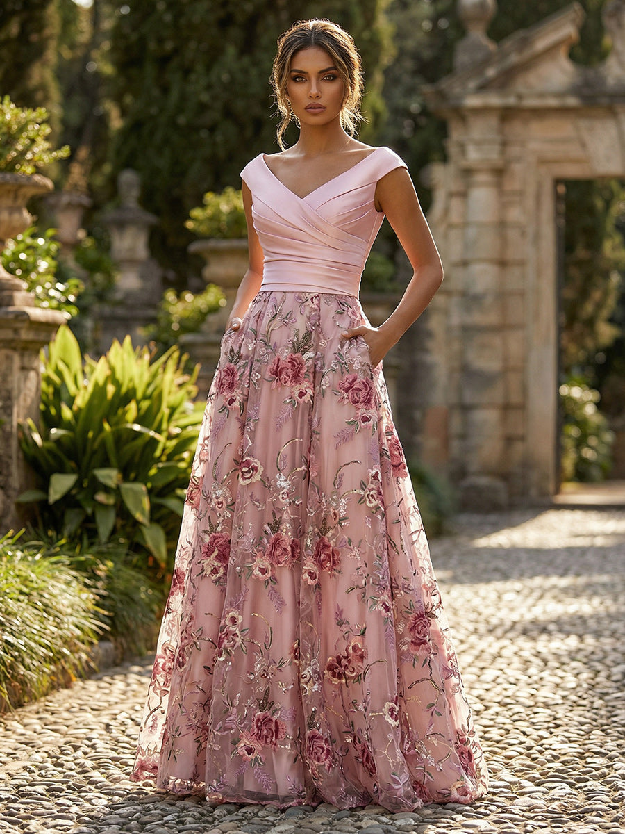 A-Line Floral Sequin Lace Floor-Length Mother of the Bride & Groom Dresses with Ruched Satin Bodice