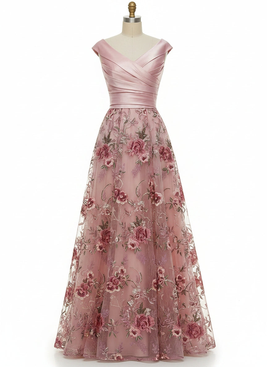 A-Line Floral Sequin Lace Floor-Length Mother of the Bride & Groom Dresses with Ruched Satin Bodice