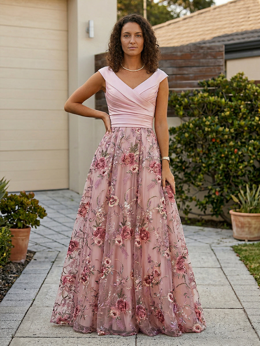 A-Line Floral Sequin Lace Floor-Length Mother of the Bride & Groom Dresses with Ruched Satin Bodice
