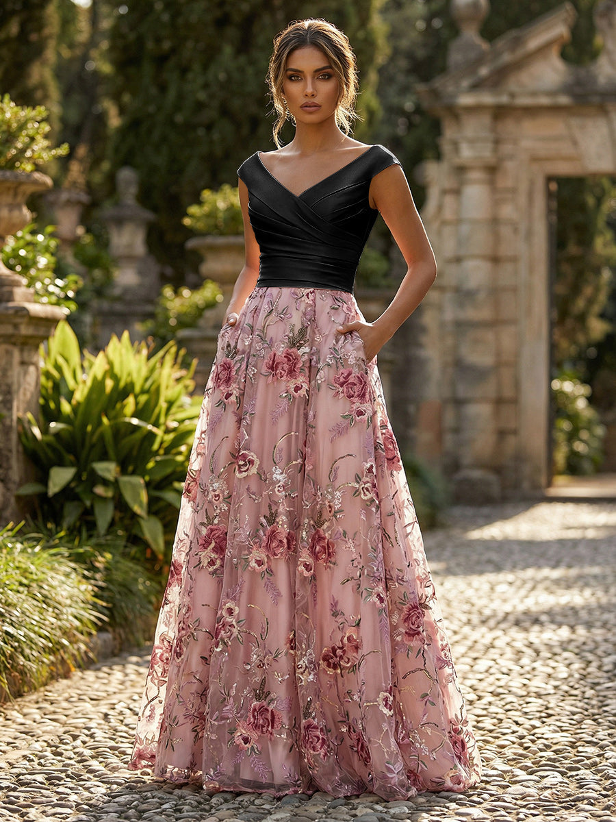 A-Line Floral Sequin Lace Floor-Length Mother of the Bride & Groom Dresses with Ruched Satin Bodice