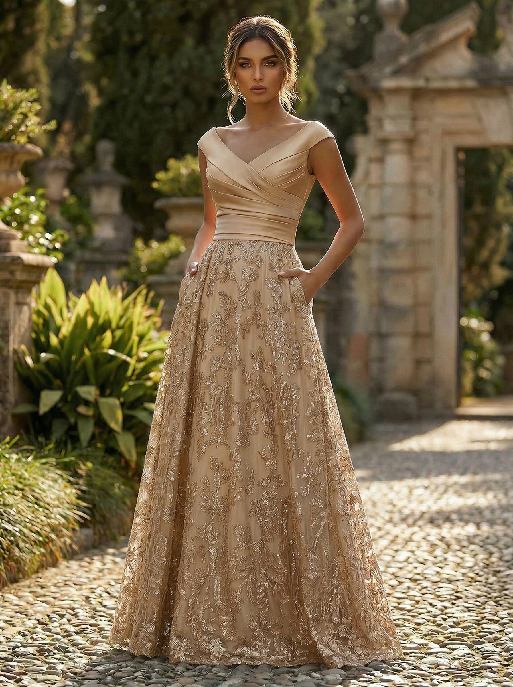 A-Line Floral Sequin Lace Floor-Length Mother of the Bride & Groom Dresses with Ruched Satin Bodice