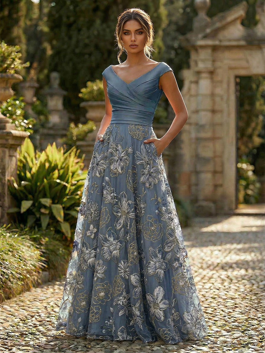 A-Line Floral Sequin Lace Floor-Length Mother of the Bride & Groom Dresses with Ruched Satin Bodice