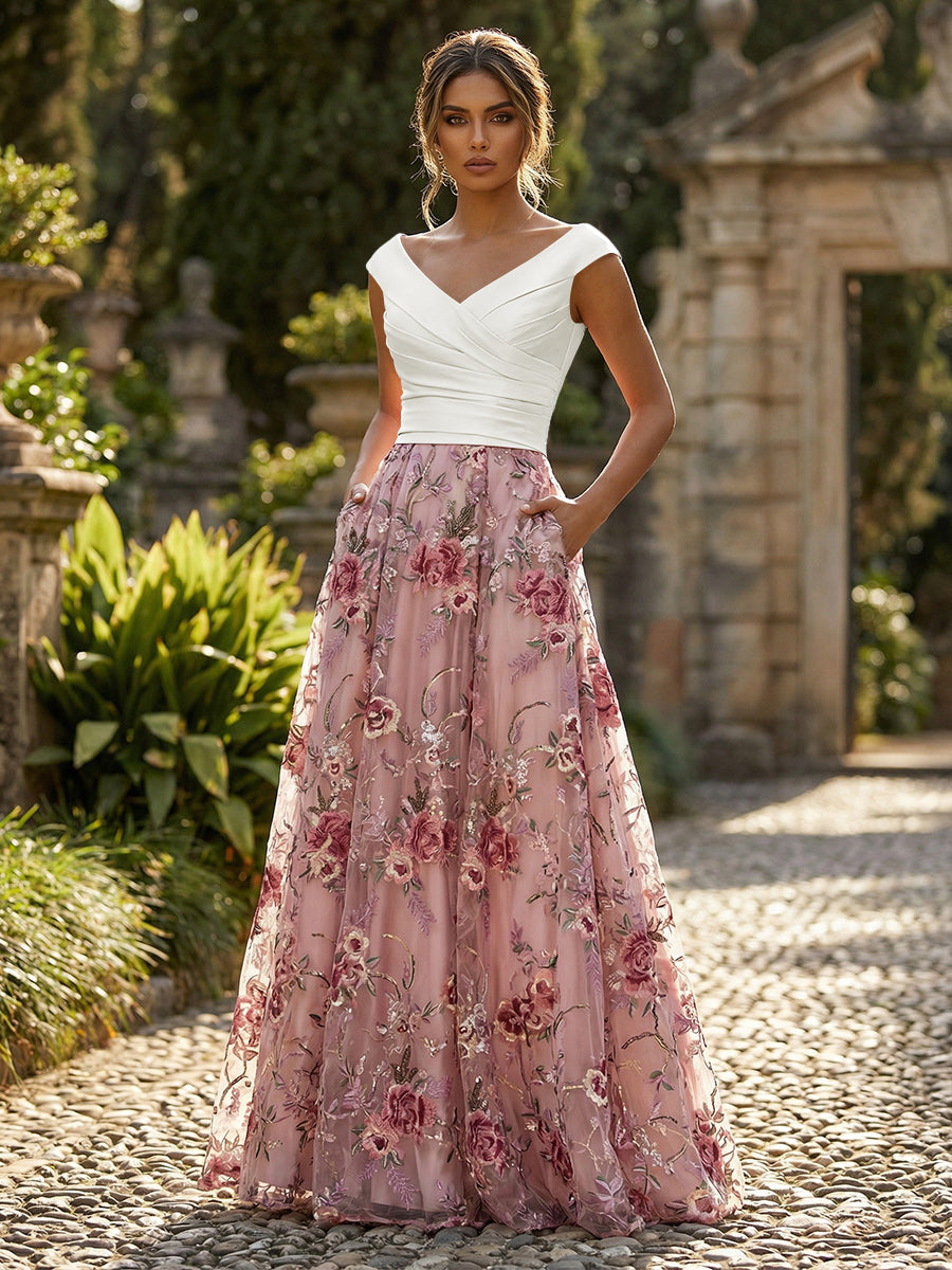 A-Line Floral Sequin Lace Floor-Length Mother of the Bride & Groom Dresses with Ruched Satin Bodice