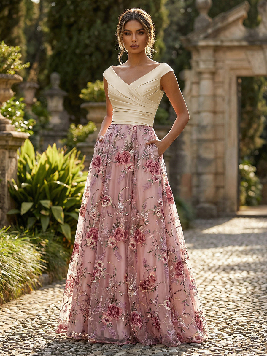 A-Line Floral Sequin Lace Floor-Length Mother of the Bride & Groom Dresses with Ruched Satin Bodice