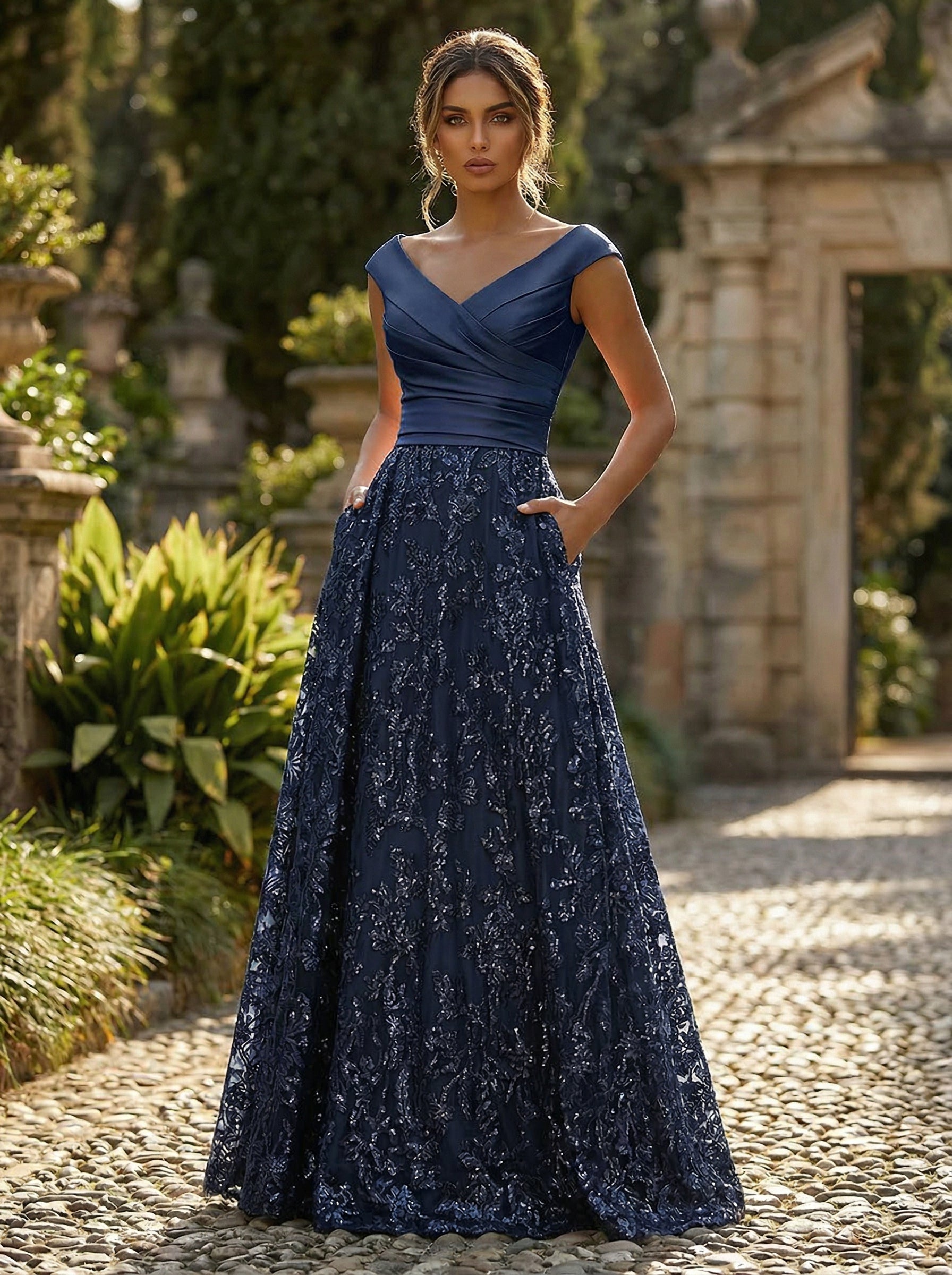 A-Line Floral Sequin Lace Floor-Length Mother of the Bride & Groom Dresses with Ruched Satin Bodice