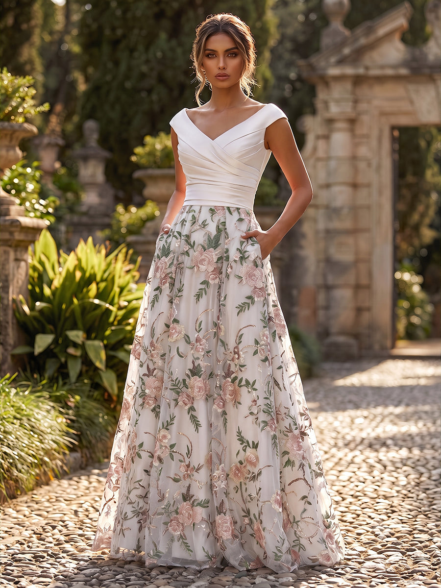 A-Line Floral Sequin Lace Floor-Length Mother of the Bride & Groom Dresses with Ruched Satin Bodice