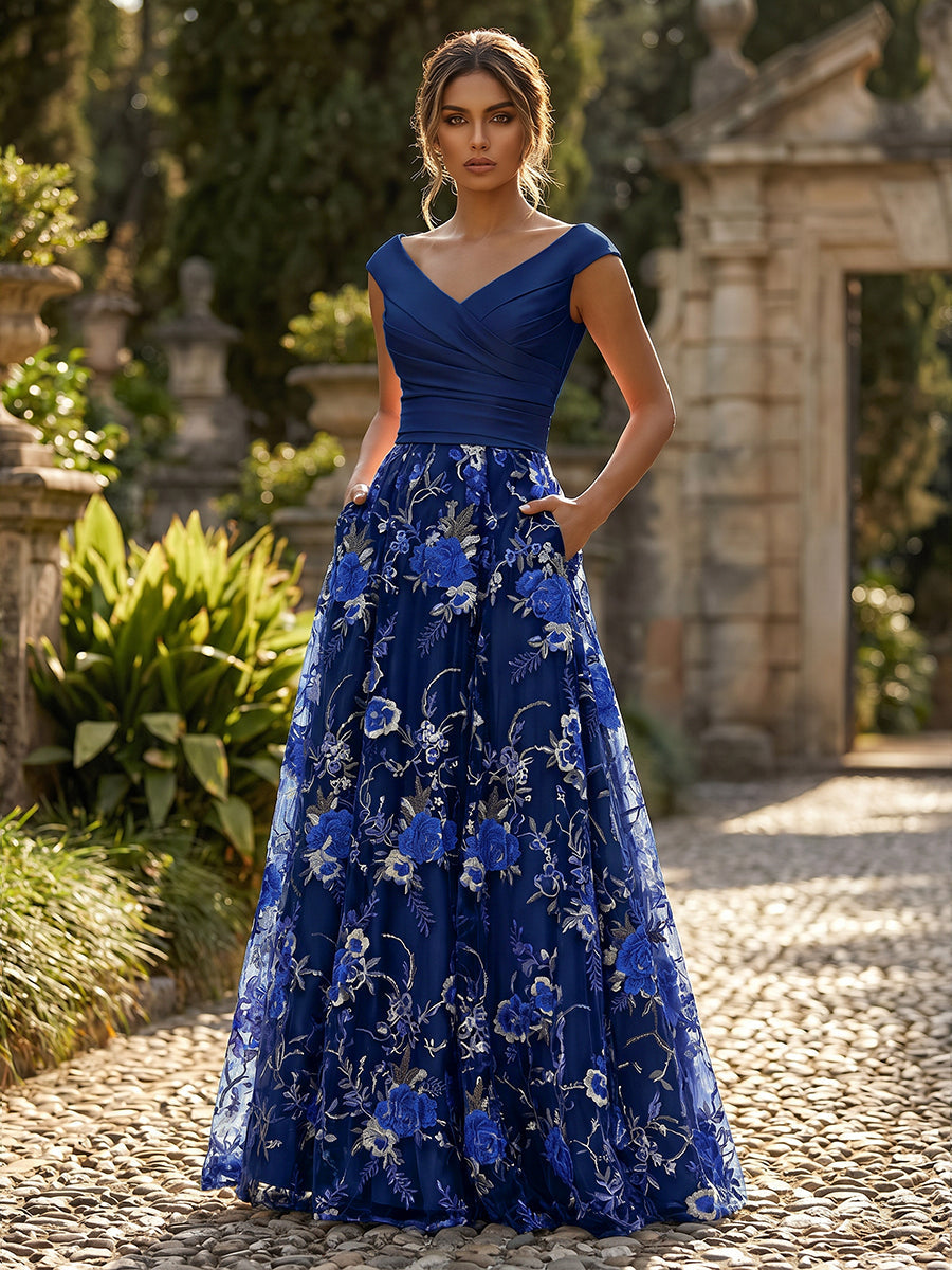 A-Line Floral Sequin Lace Floor-Length Mother of the Bride & Groom Dresses with Ruched Satin Bodice