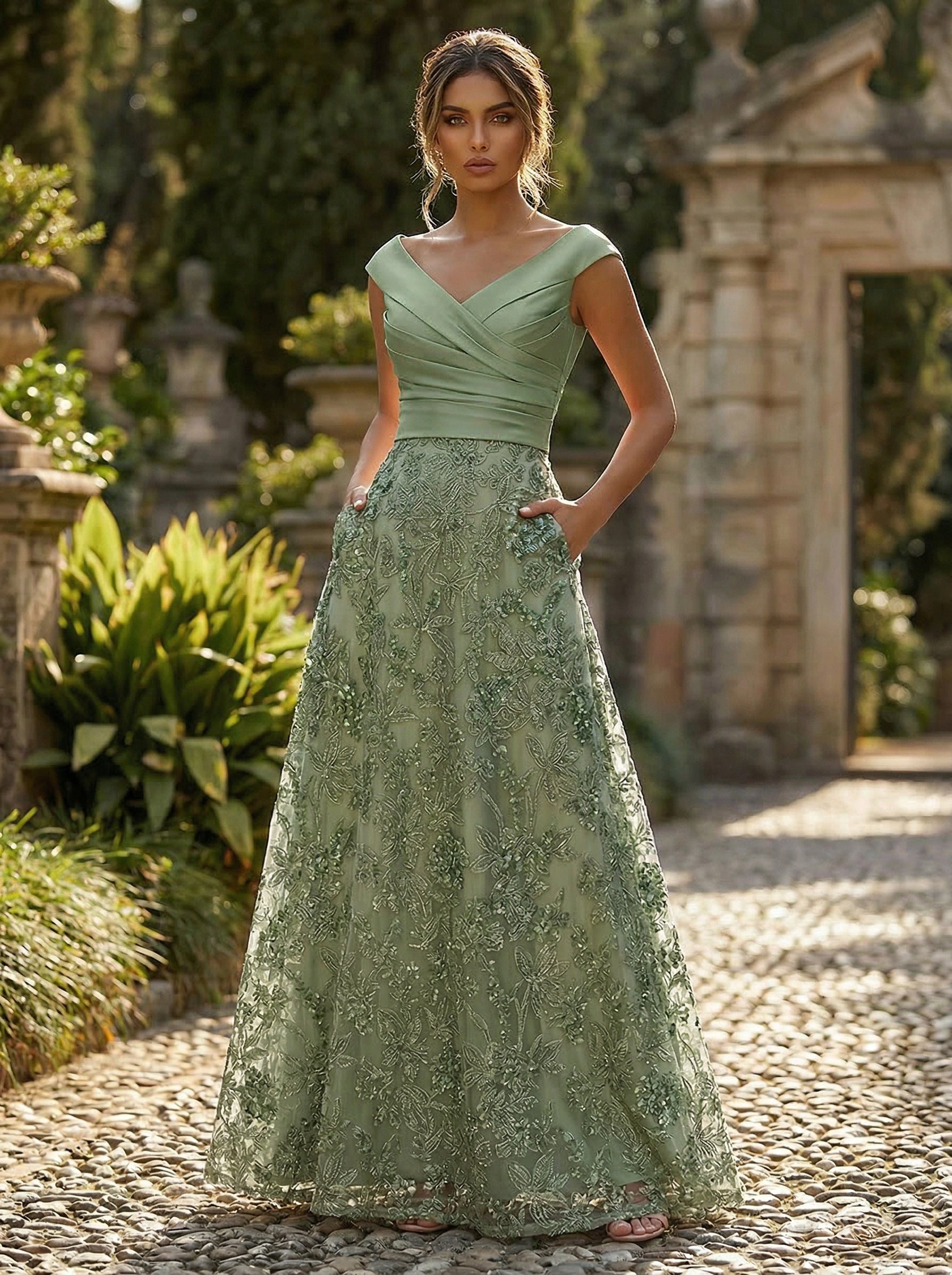 A-Line Floral Sequin Lace Floor-Length Mother of the Bride & Groom Dresses with Ruched Satin Bodice