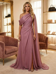 A-Line Chiffon One Shoulder Cape Sleeve Mother of the Bride & Groom Dresses with Ruched Waist, Slit & Sweep Train