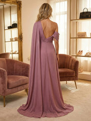 A-Line Chiffon One Shoulder Cape Sleeve Mother of the Bride & Groom Dresses with Ruched Waist, Slit & Sweep Train