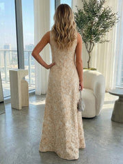 A-Line 3D Floral Appliques Jacquard High Neck Formal Dresses for Women