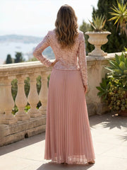 A-Line Pleated Chiffon Floor-Length Notched Lapel V-Neck Mother of the Bride & Groom Dresses with Lace Embroidered Bodice