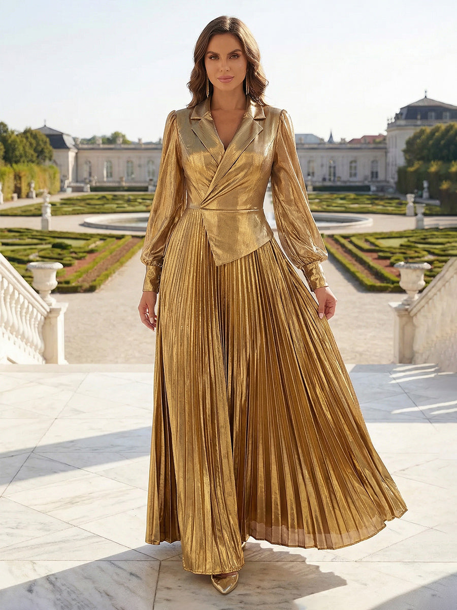 A-Line Pleated Metallic Satin Long Sleeves Mother of the Bride & Groom Dresses with Notched Lapel V-Neck