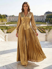 A-Line Pleated Metallic Satin Long Sleeves Mother of the Bride & Groom Dresses with Notched Lapel V-Neck