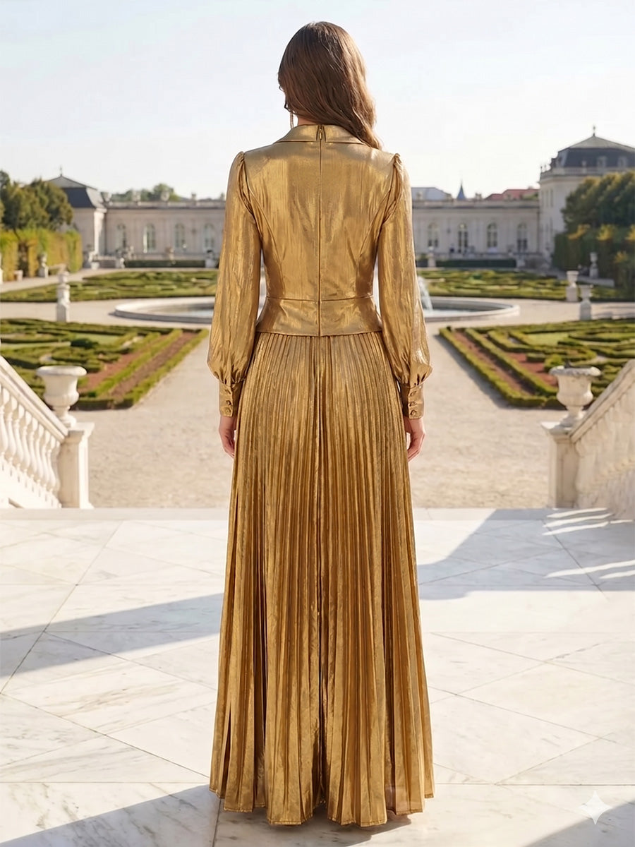 A-Line Pleated Metallic Satin Long Sleeves Mother of the Bride & Groom Dresses with Notched Lapel V-Neck