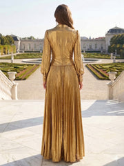 A-Line Pleated Metallic Satin Long Sleeves Mother of the Bride & Groom Dresses with Notched Lapel V-Neck