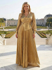 A-Line Pleated Metallic Satin Long Sleeves Mother of the Bride & Groom Dresses with Notched Lapel V-Neck