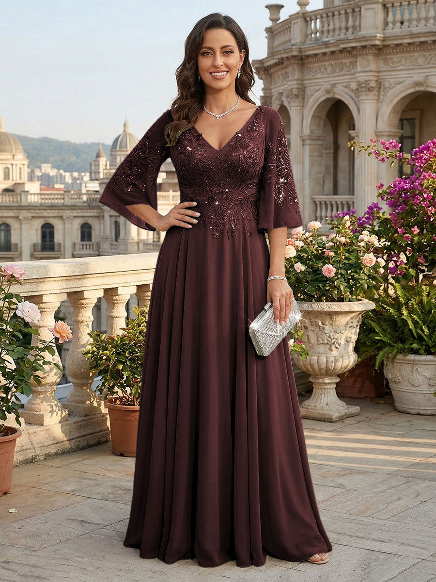A-Line Chiffon 3/4 Flutter Sleeves Mother of the Bride & Groom Dresses with Beaded Lace Embroidered Bodice
