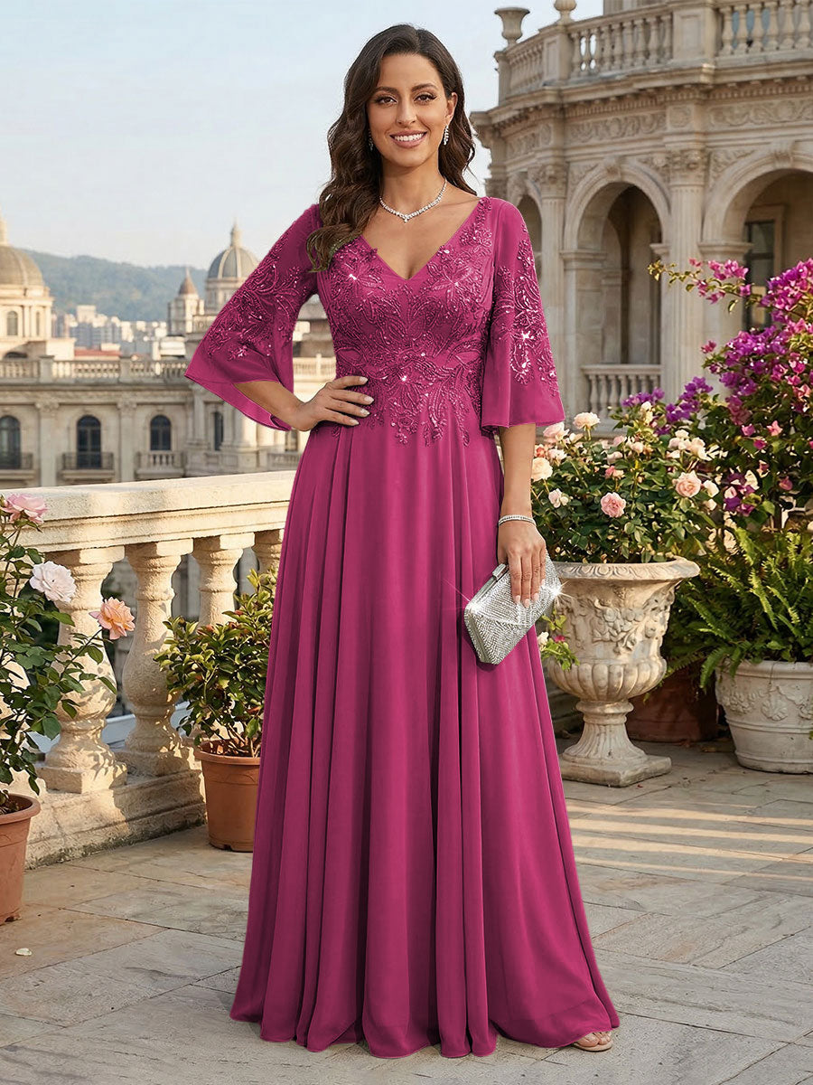 A-Line Chiffon 3/4 Flutter Sleeves Mother of the Bride & Groom Dresses with Beaded Lace Embroidered Bodice