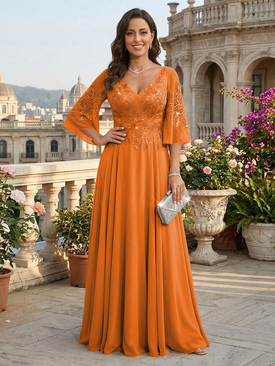 A-Line Chiffon 3/4 Flutter Sleeves Mother of the Bride & Groom Dresses with Beaded Lace Embroidered Bodice