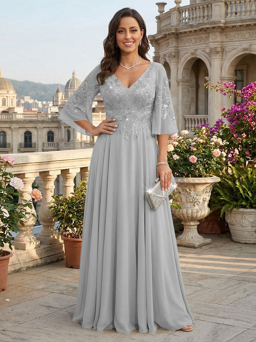 A-Line Chiffon 3/4 Flutter Sleeves Mother of the Bride & Groom Dresses with Beaded Lace Embroidered Bodice