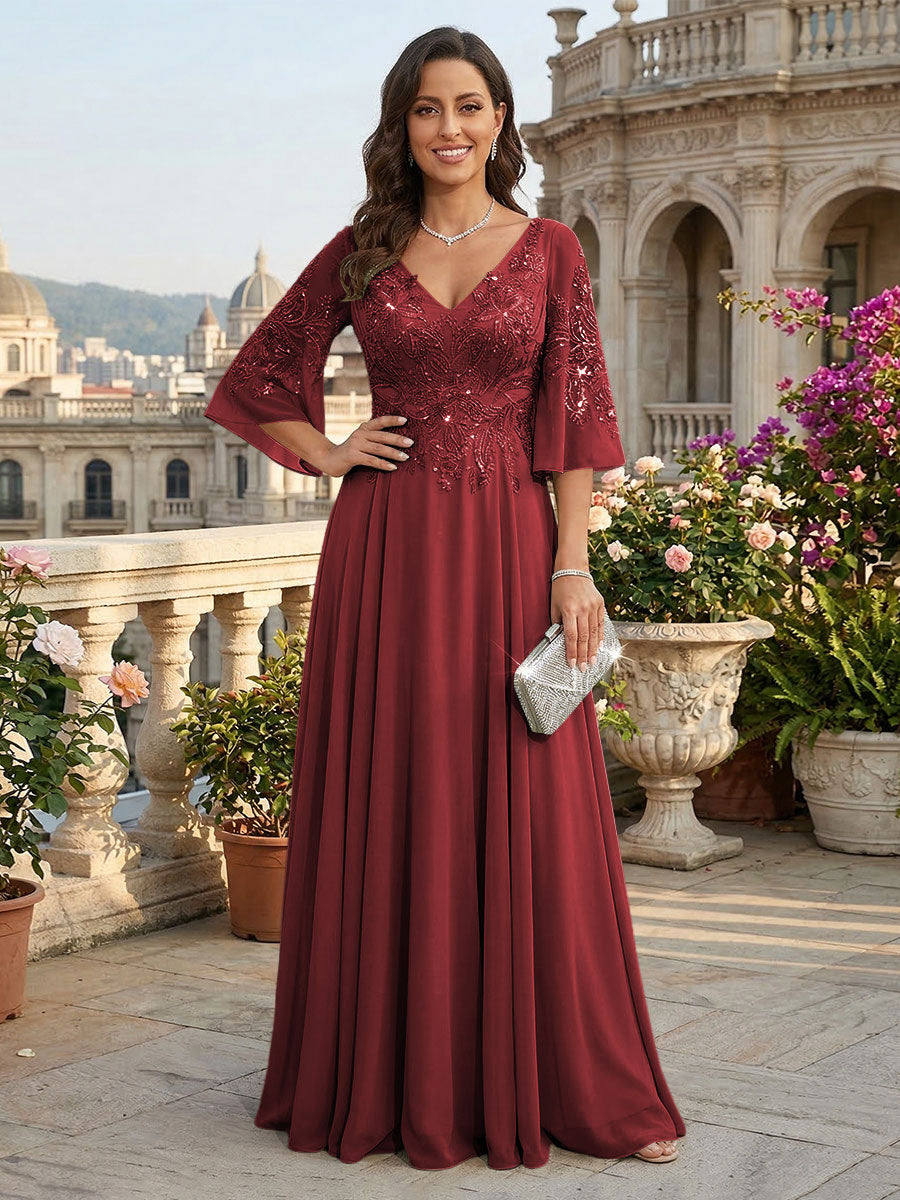 A-Line Chiffon 3/4 Flutter Sleeves Mother of the Bride & Groom Dresses with Beaded Lace Embroidered Bodice