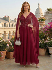 A-Line Chiffon Cape Sleeves Pleated Mother of the Bride & Groom Dresses with Beaded Lace Embroidered Bodice