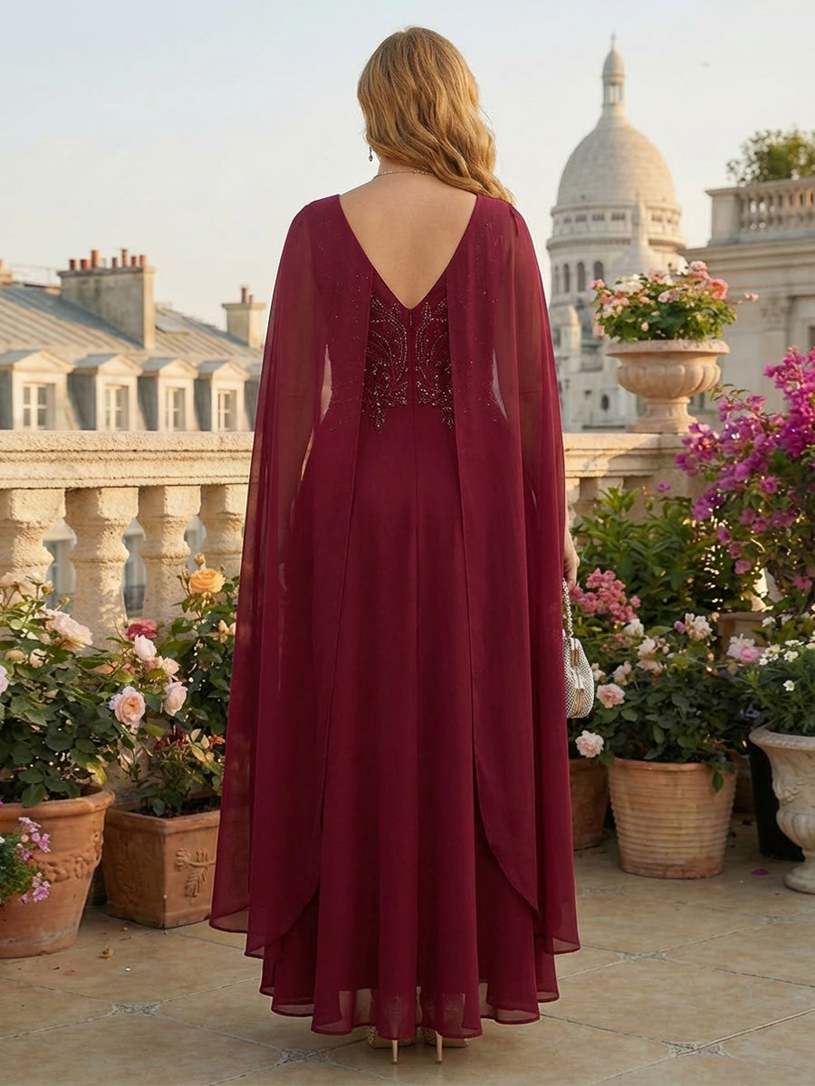 A-Line Chiffon Cape Sleeves Pleated Mother of the Bride & Groom Dresses with Beaded Lace Embroidered Bodice