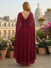A-Line Chiffon Cape Sleeves Pleated Mother of the Bride & Groom Dresses with Beaded Lace Embroidered Bodice