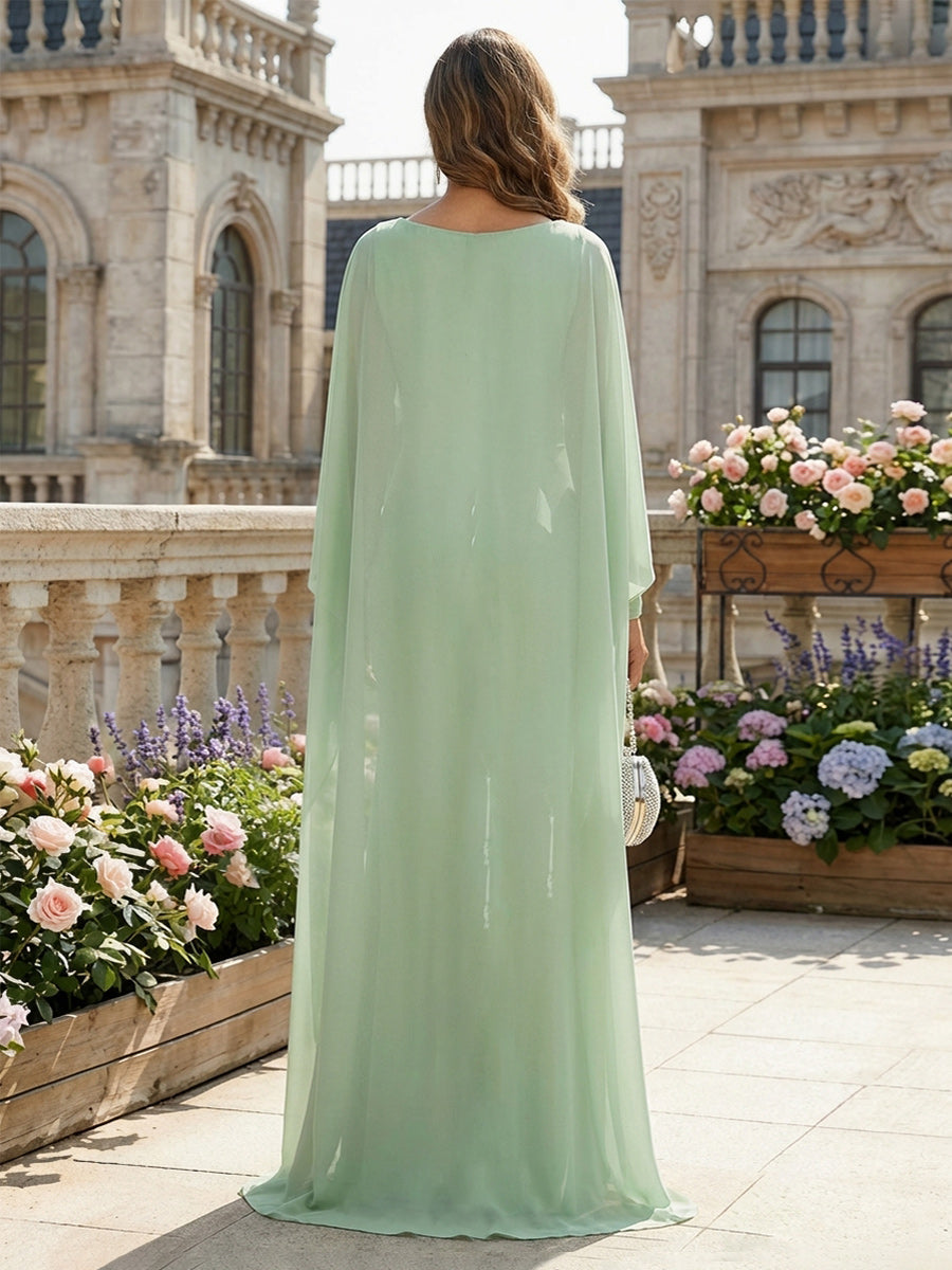 A-Line Chiffon Cape Sleeve Scoop Neck Mother of the Bride & Groom Dresses with Ruched Waist