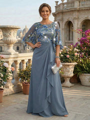 A-Line Chiffon 3/4 Cape Sleeve Mother of the Bride & Groom Dresses with Floral & Ruched Ruffled Waist