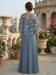A-Line Chiffon 3/4 Cape Sleeve Mother of the Bride & Groom Dresses with Floral & Ruched Ruffled Waist