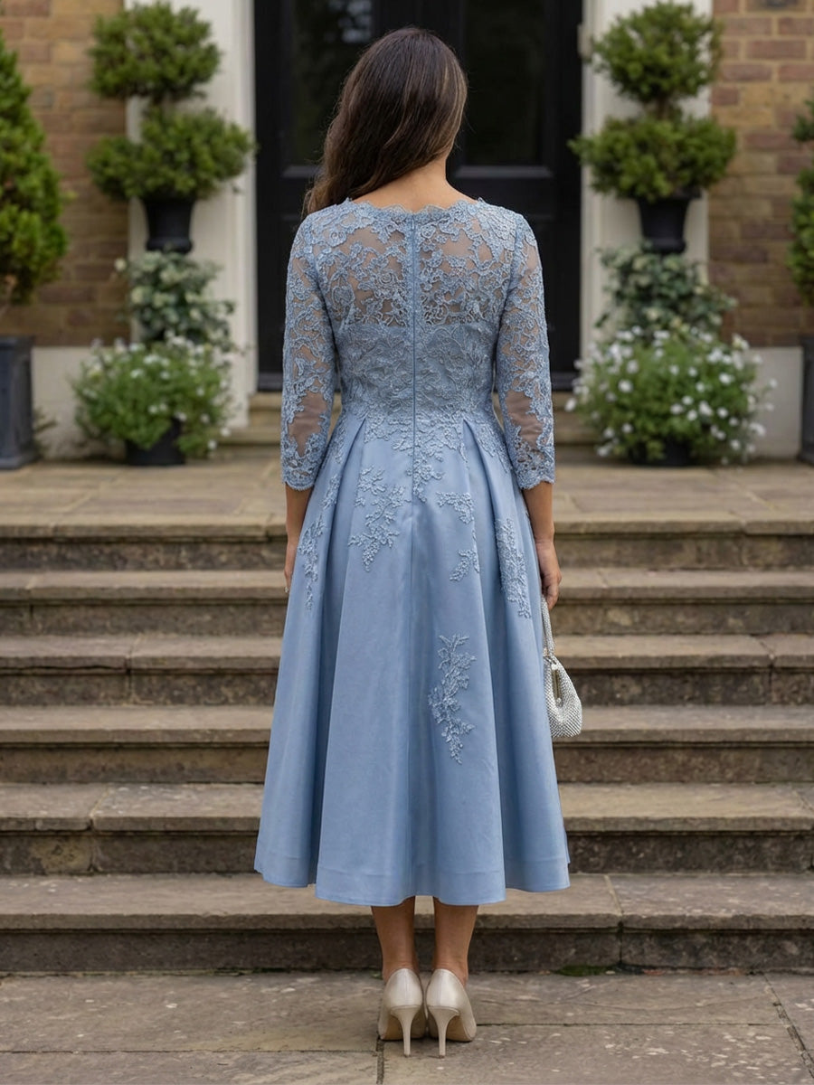 A-Line 3/4 Sleeves Tea-Length Mother of the Bride & Groom Dresses with Lace Appliques