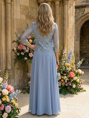 2-Piece A-Line Pleated Chiffon Mother of the Bride & Groom Dresses with 3/4 Sleeves Lace Bodice