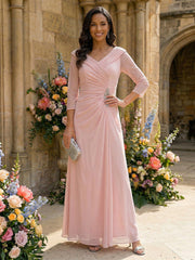 A-Line Chiffon 3/4 Sleeves Mother of the Bride & Groom Dresses with Ruched Waist