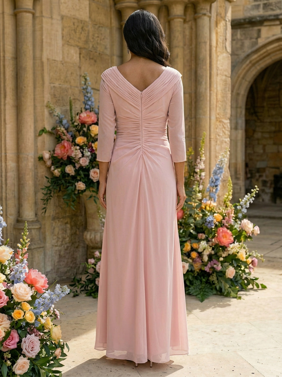 A-Line Chiffon 3/4 Sleeves Mother of the Bride & Groom Dresses with Ruched Waist
