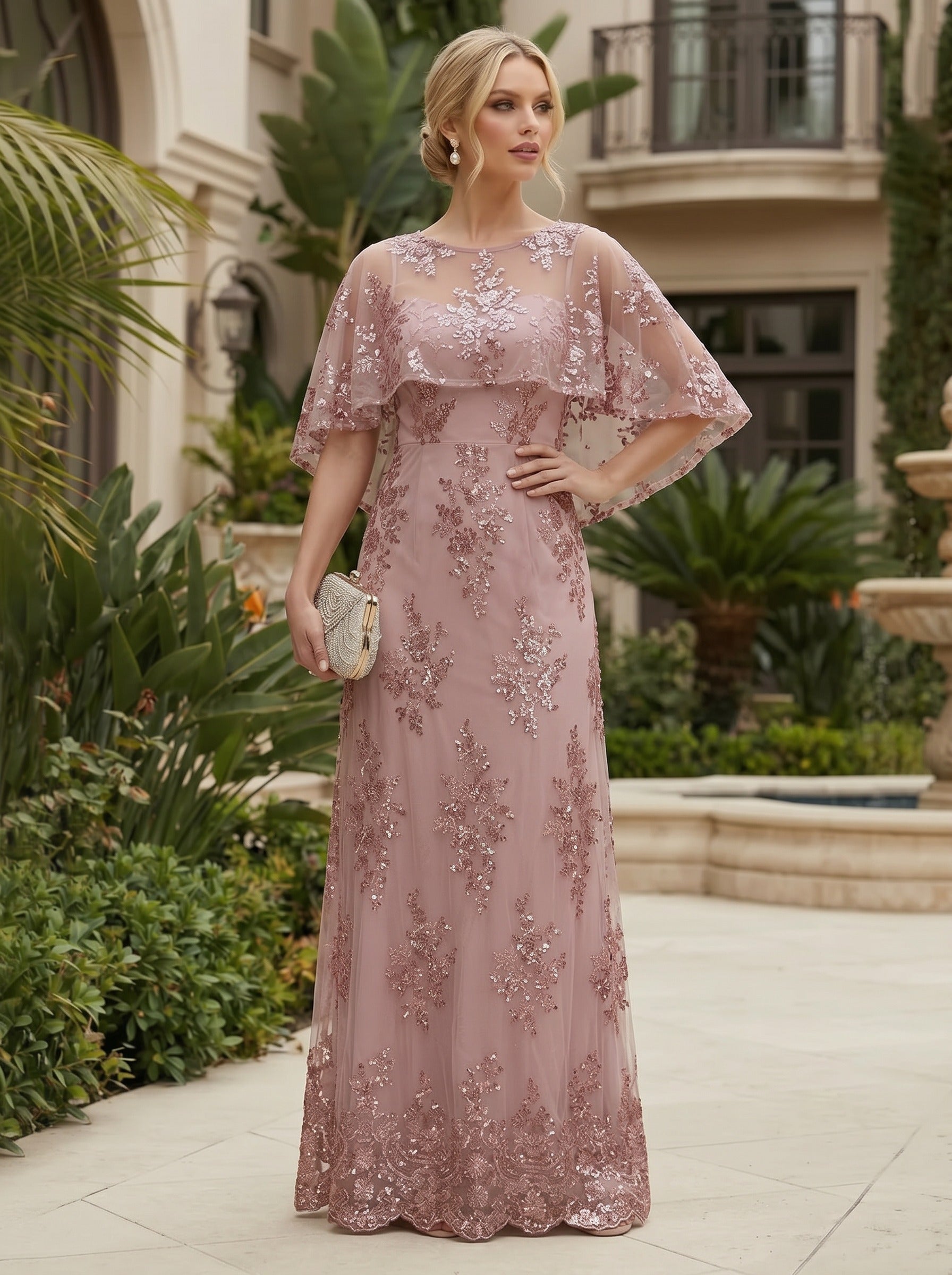 A-Line Tulle Lace Sequin Cape Sleeves Floor-Length Mother of the Bride & Groom Dresses