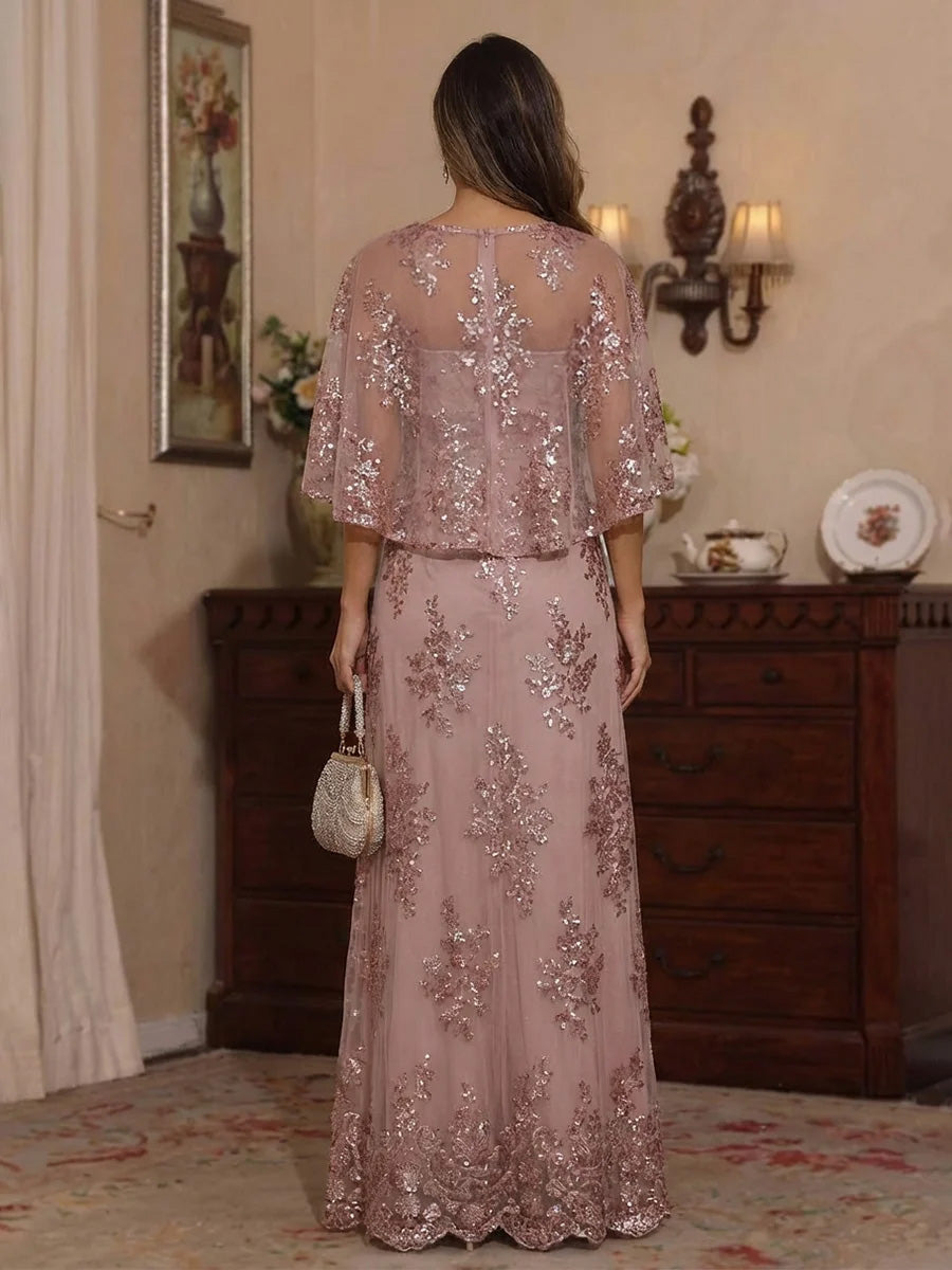 A-Line Tulle Lace Sequin Cape Sleeves Floor-Length Mother of the Bride & Groom Dresses