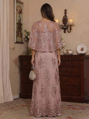 A-Line Tulle Lace Sequin Cape Sleeves Floor-Length Mother of the Bride & Groom Dresses