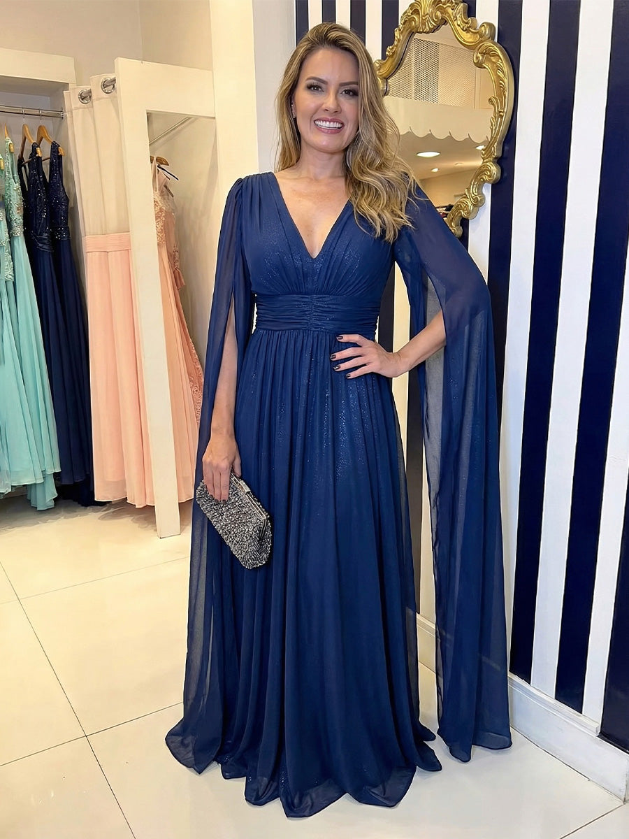 A-Line Pleated Elegant Chiffon Cape Sleeves Mother of the Bride & Groom Dresses with Ruched Waist