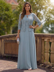 2-Piece A-Line Chiffon Mother of the Bride & Groom Dresses with 3/4 Sleeves Lace Jacket